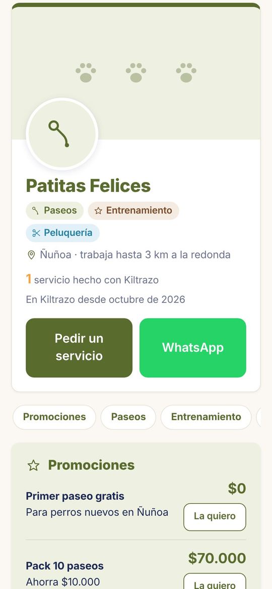 Página pública de un paseador en Kiltrazo con promociones