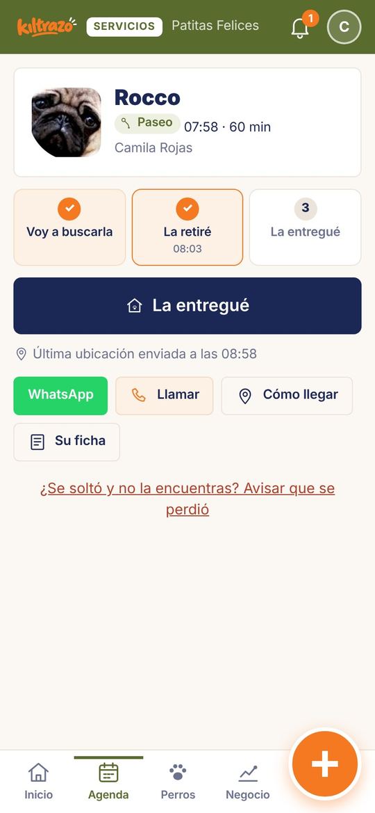 Pantalla del paseo con Voy a buscarla, La retiré y La entregué